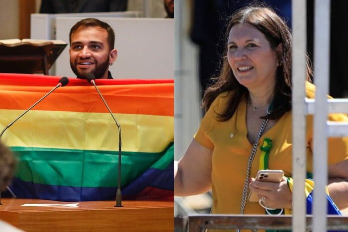 Montagem de foto de Fábio Felix com bandeira LGBTQIA+ ao lado de Bia Kicis com camisa amarela