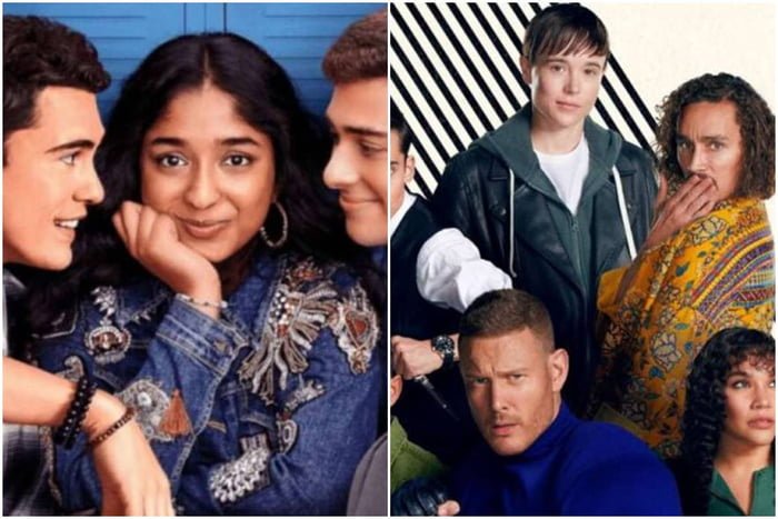 Montagem colorida do elenco das séries Eu Nunca… (à esquerda) e The Umbrella Academy (à direita), da Netflix - Metrópoles