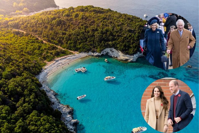 Foto colorida. A imagem mostra a ilha de Corfu na Grécia. Ela tem águas bem azuis e uma montanha cheia de árvores. No lado direto foi colocado dois círculos: o primeiro, com foto do rei Charles e Camilla; a segunda, é uma foto do príncipe William e Kate - Metrópoles