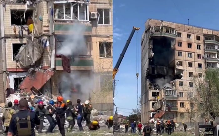 Imagem colorida de prédio residencial parcialmente destruído em Kryvyi Rih, na Ucrânia - Metrópoles