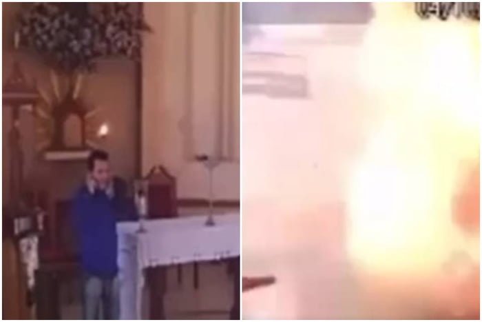 Imagem colorida mostra explosão de fogos de artifício dentro de igreja - metrópoles