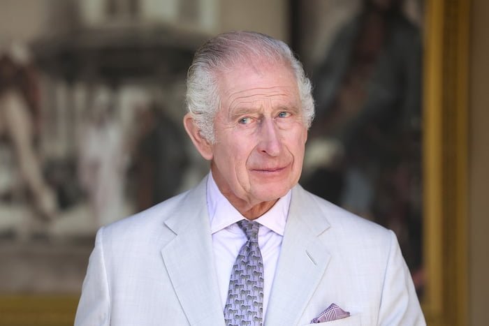 Foto centralizada no rei Charles III. Ele é um homem idoso, meio calvo, os cabelos são brancos. Ele está usando um terno cinza claro com gravata roxa - Metrópoles
