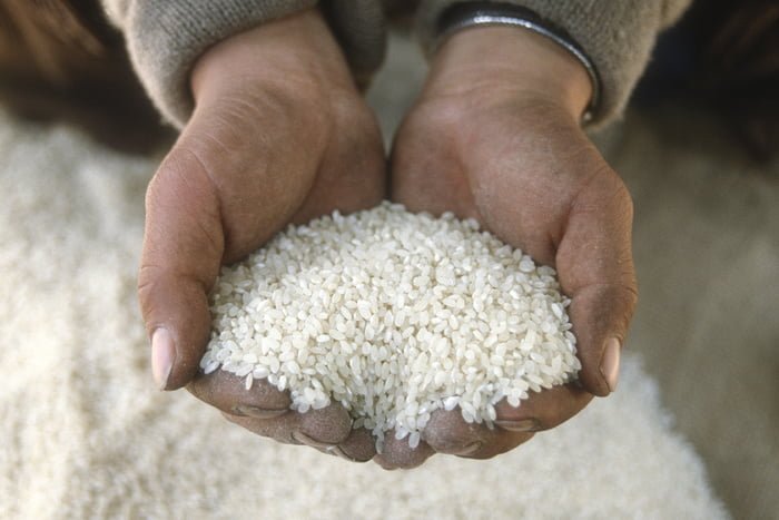 maos segurando arroz