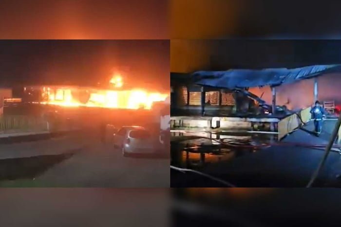 Montagem com foto colorida de incêndio que atingiu pavilhão da Ceasa em Curitiba e estragos deixados pelo fogo - Metrópoles