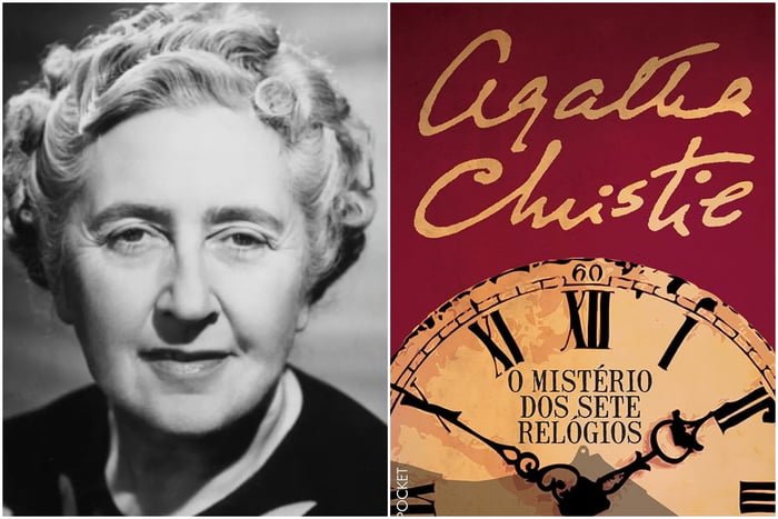 Agatha Christie e a capa do livro O Mistério dos Sete Relógios - Metrópoles