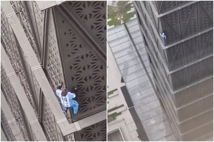Imagem colorida mostra trechos de vídeo em que homem escalou prédio - Metrópoles